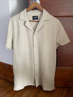 Short Sleeve Textured Button-Down Shirt in Beige